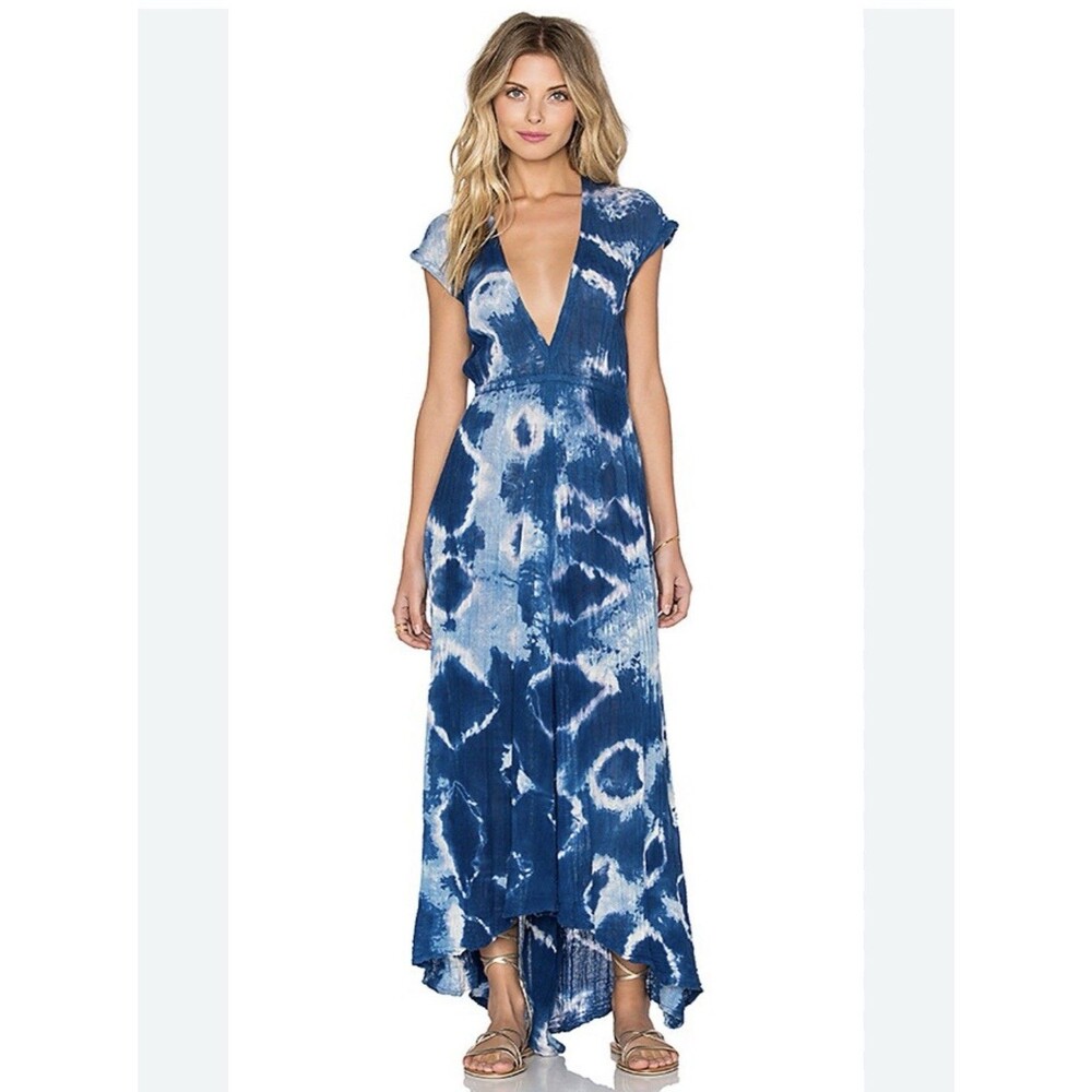 JENS PIRATE BOOTY Paloma Women Tie Dye Maxi Dress MEDIUM Blue Cotton Boho Beach